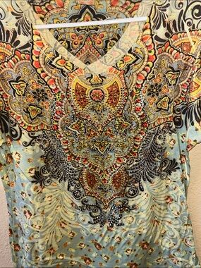 Rouge USA Embellished Boho Medallion Print Top 2X Rhinestone Tee